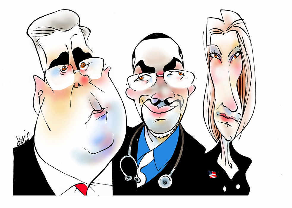 caricature by Anthony Jenkins: Jeb Bush denies climate change. Dr. Ben Carson, Neurosurgeon, doesn’t believe in evolution. Carly Fiorina wants to overturn Roe v. Wade.