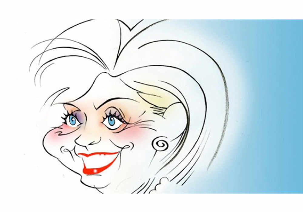 caricature by Anthony Jenkins: Hillary, the Teflon Dame, in Cheshire Cat, Mad Hatter mode.