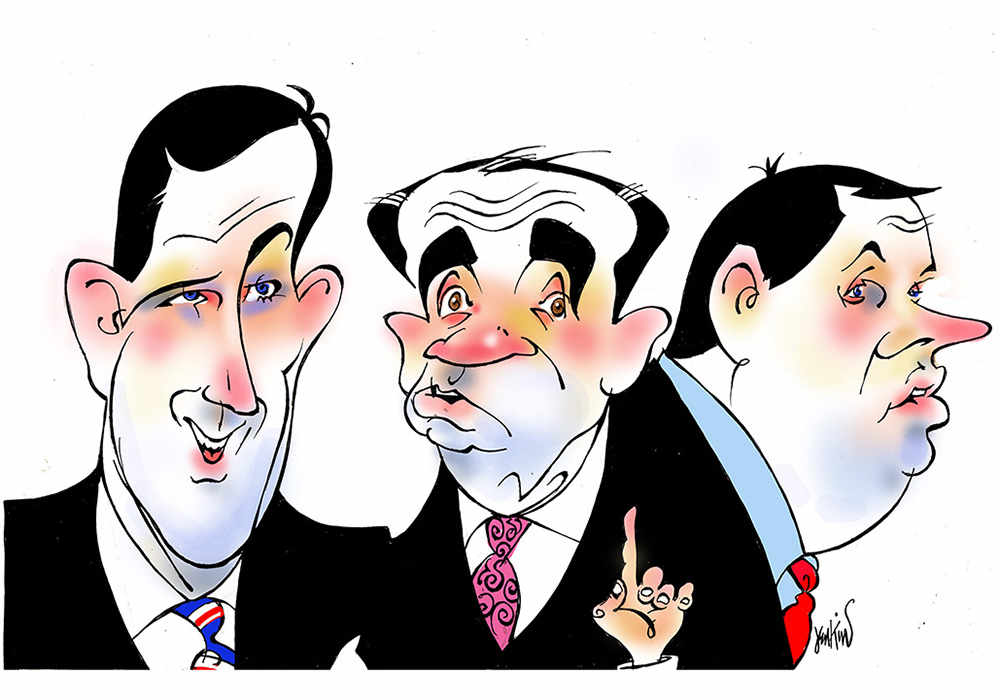 caricature by Anthony Jenkins: Rick Santorum and Mick Huckabee, religious fruitcakes. Chris Christie justs loves fruitcake.