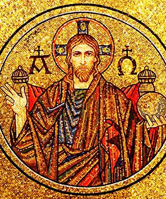 Jesus mosaic with Alpha and Omega symbols