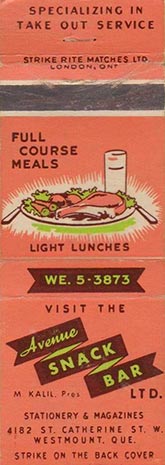 Avenue Snack Bar Advertising Matchbook