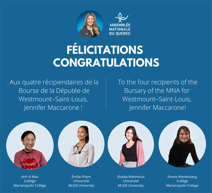 Bourse de la députée de Westmount–Saint-Louis, Jennifer Maccarone
