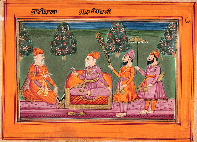 INDE ou PAKISTAN, RÉGION DU PENDJAB, Janam Sakhi illustré, milieu du 19e s., gouache, encre à la poudre d’or, feuille d’or, encre. MBAM, Collection d’art sikh, Narinder Singh et Satinder Kaur Kapany – Sikh Foundation International (É.-U.). Photo MBAM, Christine Guest INDIA, or PAKISTAN, PUNJAB REGION, Illustrated Janamsakhi, Mid-19th c., gouache, powdered gold ink, gold leaf, ink. MMFA, Sikh Art Collection, Narinder Singh and Satinder Kaur Kapany – Sikh Foundation International (U.S.A.). Photo MMFA, Christine Guest