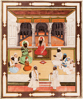INDE ou PAKISTAN, RÉGION DU PENDJAB, Le maharadja Karam Singh de Patiala et son fils Narinder Singh en compagnie d’un saint homme, 19e s., gouache, encre à la poudre d’or et encre sur carton. MBAM, Collection d’art sikh, Narinder Singh et Satinder Kaur Kapany – Sikh Foundation International (É.-U.). Photo MBAM, Christine Guest INDIA, or PAKISTAN, PUNJAB REGION, Maharaja Karam Singh of Patiala and His Son Narinder Singh with a Holy Man, 19th c., gouache, powdered gold ink and ink on cardboard. MMFA, Sikh Art Collection, Narinder Singh and Satinder Kaur Kapany – Sikh Foundation International (U.S.A.). Photo MMFA, Christine Guest