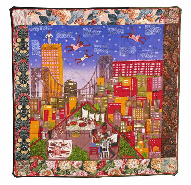 Faith Ringgold (née en 1930), courtepointe Tar Beach 2, 1990. Philadelphia Museum of Art, purchased with funds contributed by W. B. Dixon Stroud, 1992. © Faith Ringgold / SOCAN (2023). Photo courtesy of the Philadelphia Museum of Art