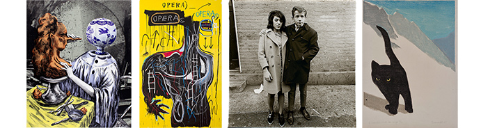 De gauche à droite, de haut en bas : Shary Boyle (née en 1972), Sainte céphalophore, 2018. E. Grace et S. Vella. Photo Imagefoundry | Diane Arbus (1923-1971), Couple d'adolescents dans Hudson Street, N.Y.C., 1963, épreuve argentique à la gélatine ; imprimée ultérieurement, feuille : 50,8 × 40,6 cm. Musée des beaux-arts de l'Ontario, don de Robin et David Young, 2016. Copyright © Estate of Diane Arbus | Jean-Michel Basquiat (1960-1988), Anybody Speaking Words, 1982. Collection particulière, Suisse. © Estate of Jean-Michel Basquiat. Licensed by Artestar, New York. Photo Boris Croce | Albert Dumouchel (1916-1971), L'horrible chat des neiges, 1969. MBAM, en cours d'acquisition. Photo MBAM, Annie Fafard