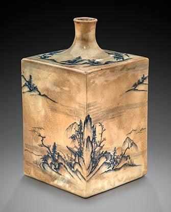 Square sake bottle with landscape design, Kyoto ware, Kyoto, Edo period, second half of 18th c., stoneware. The Montreal Museum of Fine Arts, Adaline Van Horne Bequest. Photo MMFA, Christine Guest.