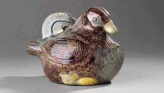 Screen holder in the shape of a mandarin duck, Uzurayama ware, Kyoto, Meiji period, late 19th c., stoneware. Royal Ontario Museum, gift of Sir William Van Horne. Photo Credit: Brian Boyle © Royal Ontario Museum.
