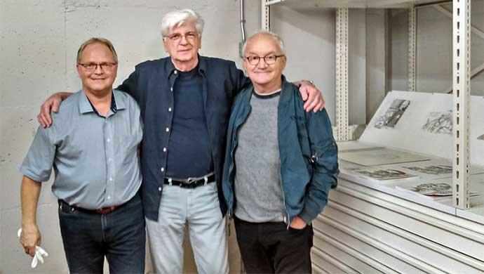 Christian Vachon, Serge Chapleau and Michel Barrette at the McCord Museum on October 6, 2017, for the filming of Viens-tu faire un tour? 