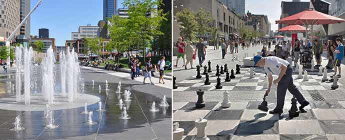 Place des Festivals © Marie-Joëlle Corneau / Les jeux d'échecs géants sur la rue Sainte-Catherine © Éric Carrière – WestmountMag.ca