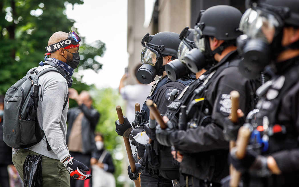 protestor talking with police