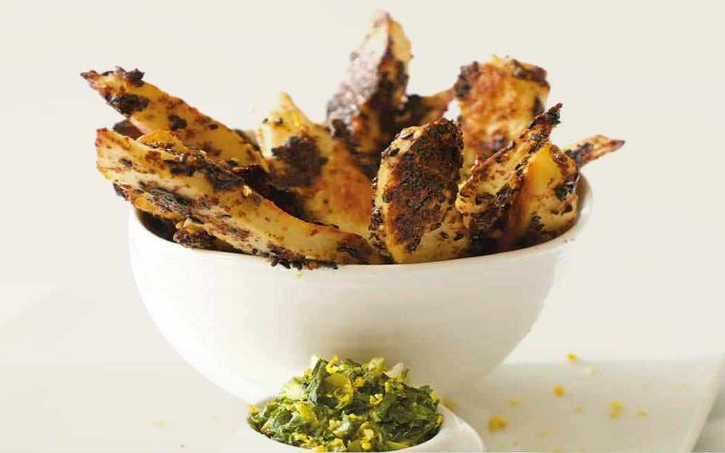 Seed-crusted roasted fries with mint pesto