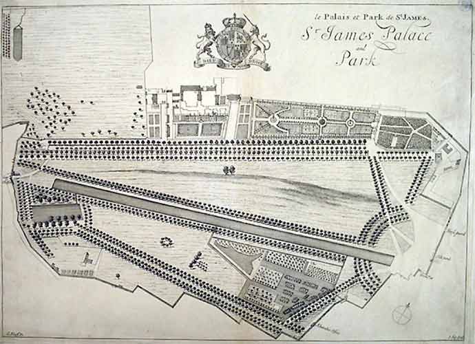 Original layout of André Mollet's design for St James's Park in Charles II's time -