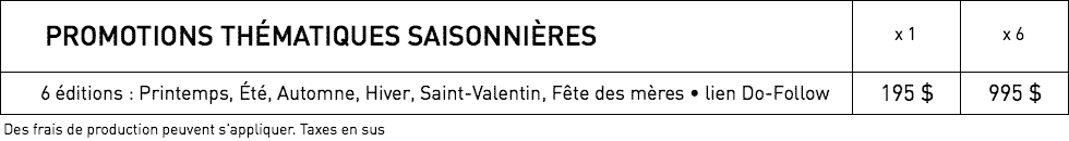 Tarifs pour promotions saisonnières dans WestmountMag.ca